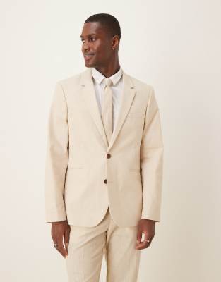 ASOS DESIGN linen look slim suit jacket in stone-Neutral