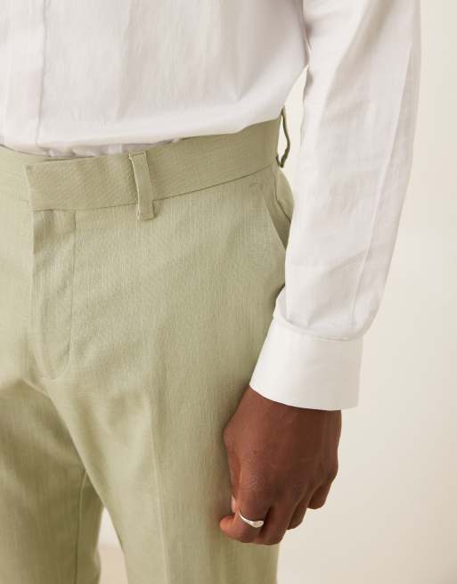 ASOS DESIGN linen look slim suit pants with front pleat in green