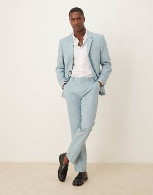 [ASOS DESIGN] ASOS DESIGN linen look slim suit pants with front pleat in light blue W32 L34 Light blue