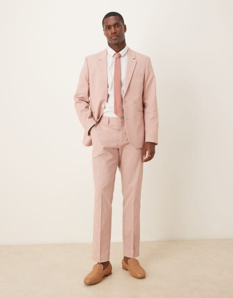 ASOS DESIGN linen look slim suit pants with front pleat in pink - view 1