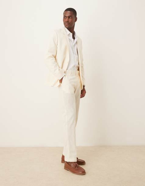 ASOS DESIGN linen look slim suit trousers with front pleat in ecru - view 1