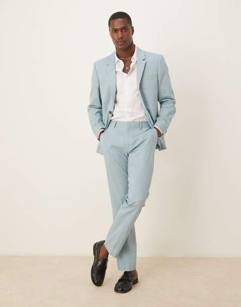 ASOS DESIGN linen look slim suit trousers with front pleat in light blue