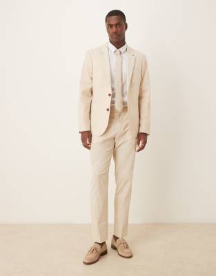 ASOS DESIGN linen look slim suit trousers with front pleat in stone-Neutral