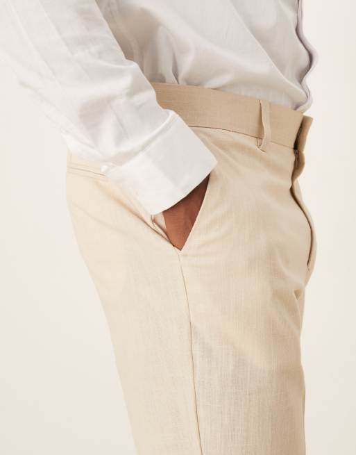 ASOS DESIGN linen look slim suit trousers with front pleat in stone, 3 of 5