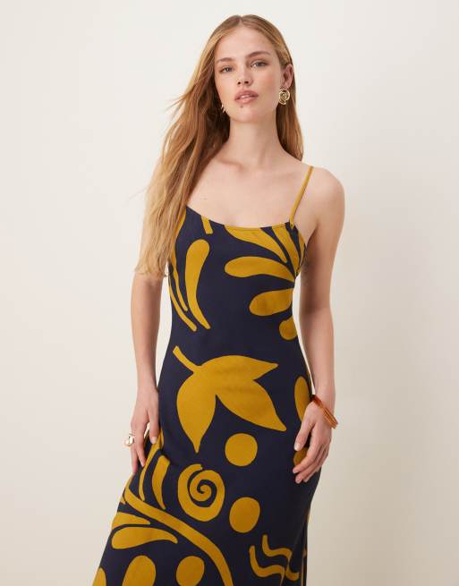 ASOS DESIGN linen look slip cami maxi dress in blue yellow abstract print, 2 of 4