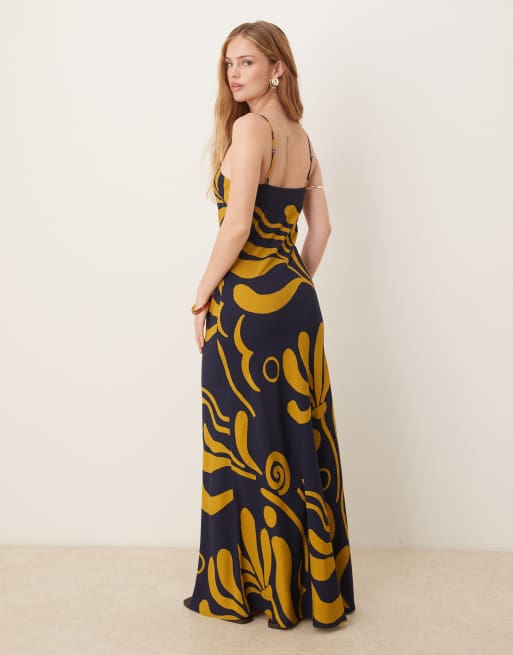 ASOS DESIGN linen look slip cami maxi dress in blue yellow abstract print, 3 of 4