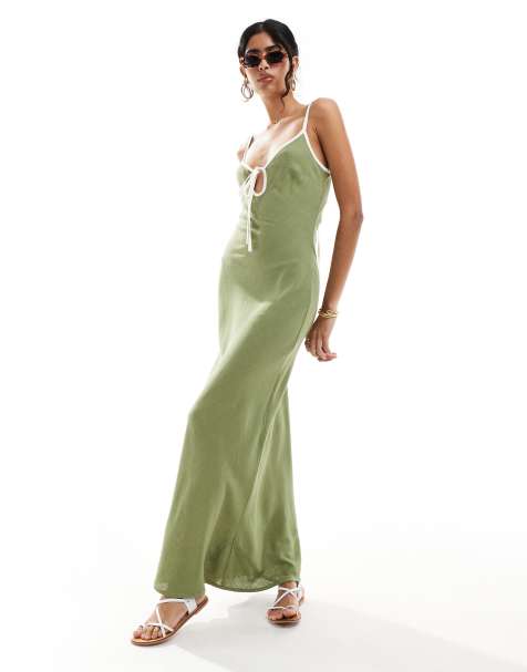 ASOS DESIGN linen look slip dress with contrast binding in khaki - view 1