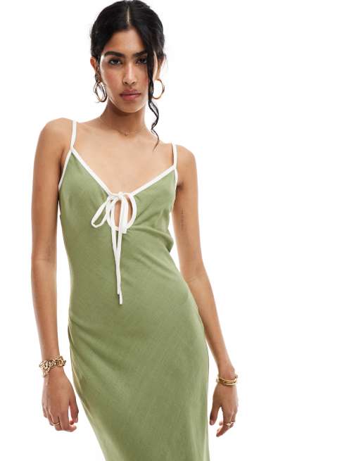 ASOS DESIGN linen look slip dress with contrast binding in khaki ASOS