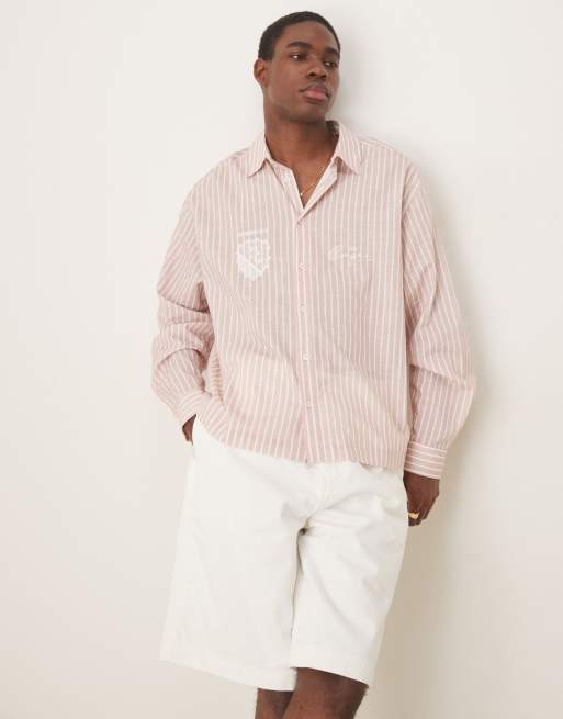 ASOS DESIGN linen look stripe shirt with embroidery in pink