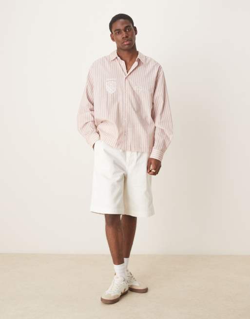ASOS DESIGN linen look stripe shirt with embroidery in pink