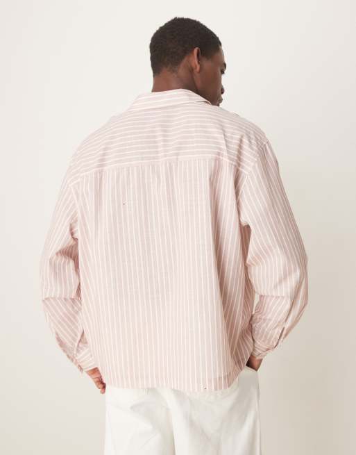 ASOS DESIGN linen look stripe shirt with embroidery in pink