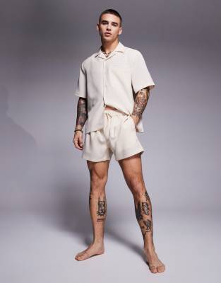 ASOS DESIGN linen look swim short in short length in stone - part of a set-Neutral