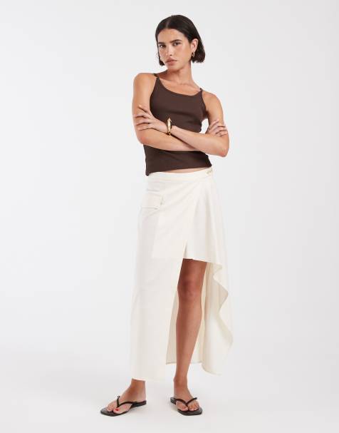 ASOS DESIGN linen look tailored asymmetric skirt in ivory - view 1