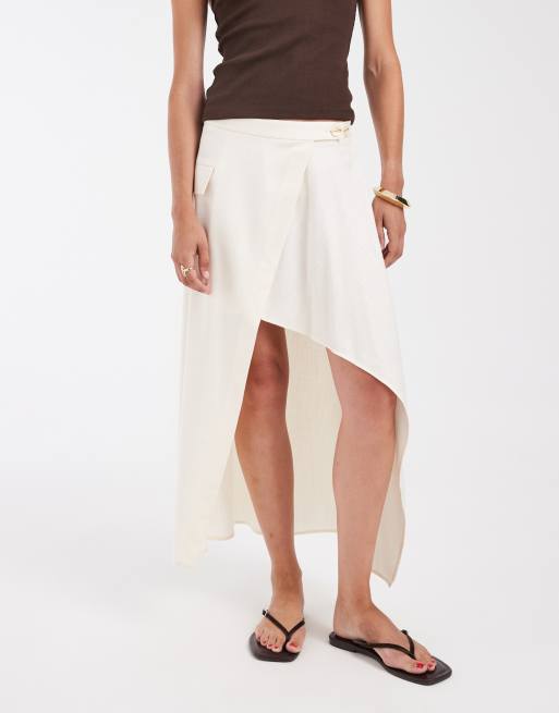 ASOS DESIGN linen look tailored asymmetric skirt in ivory, 2 of 5