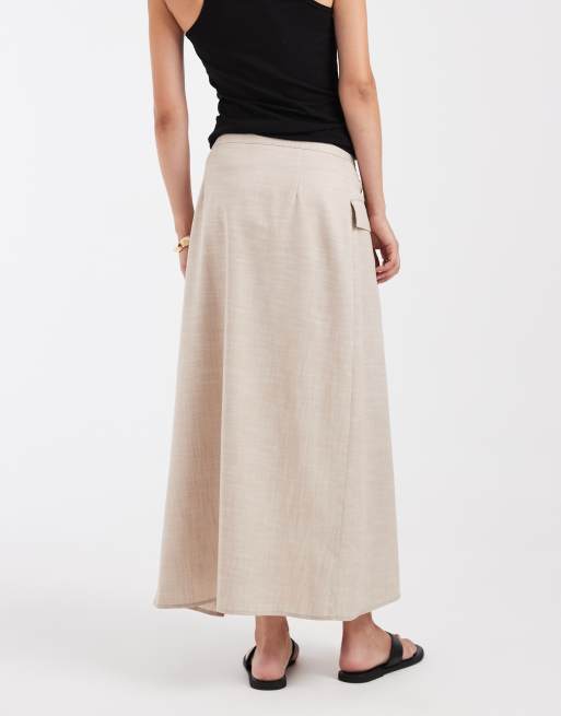 ASOS DESIGN linen look tailored asymmetric skirt in stone, 3 of 5