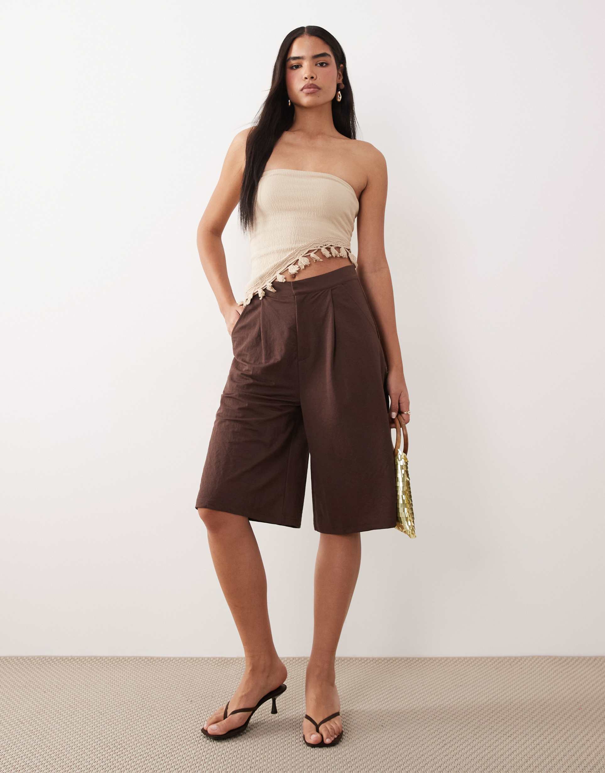 asos design linen look tailored bermuda shorts in brown