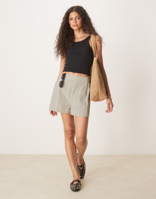 ASOS DESIGN linen look tailored boxer short in stone stripe, 2 of 5