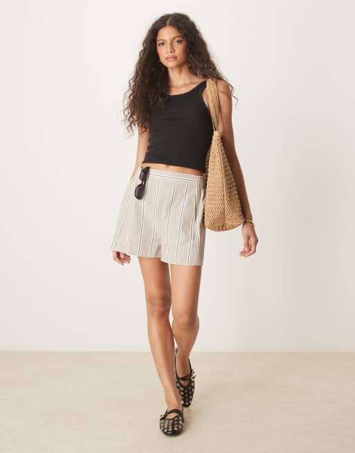 ASOS DESIGN linen look tailored boxer shorts in stone stripe