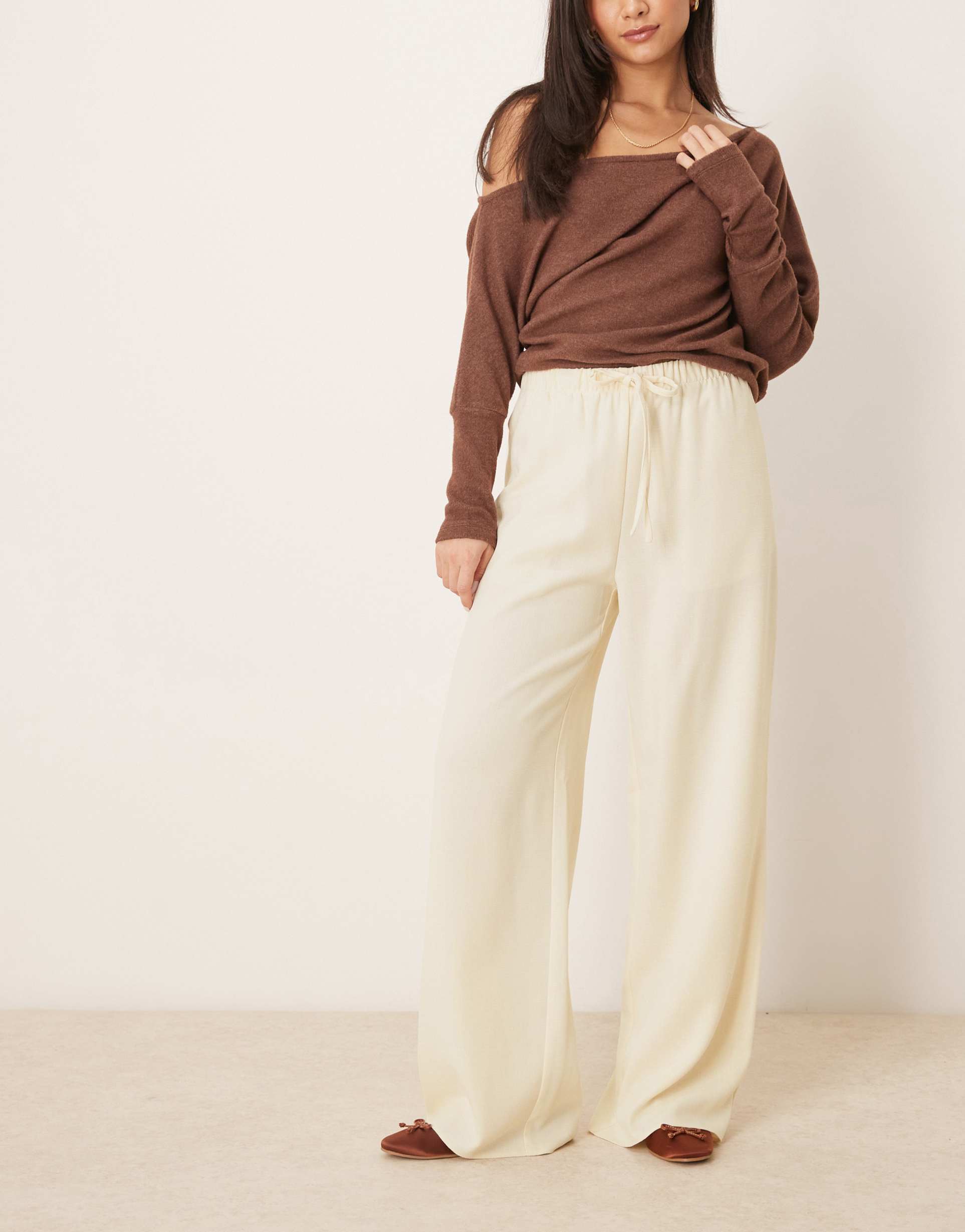 asos design linen look tailored tie waist pull on pants in buttermilk