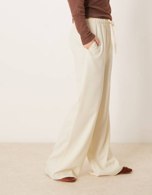 ASOS DESIGN linen look tailored tie waist pull on pants in buttermilk , 5 of 5