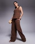 [ASOS DESIGN] ASOS DESIGN linen look tailored tie waist pull on pants in chocolate (part of a set)-Brown XS Chocolate