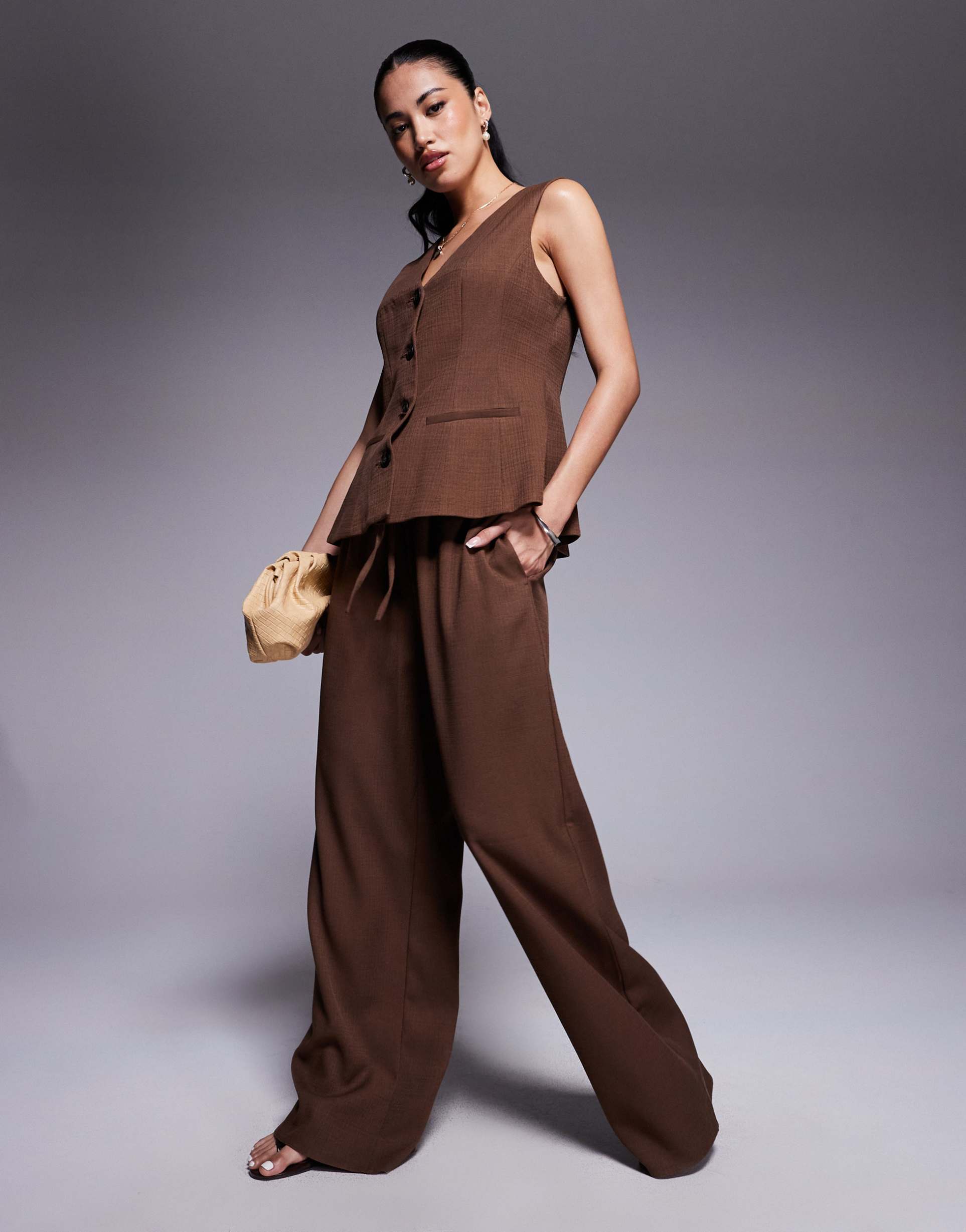 asos design linen look tailored tie waist pull on pants in chocolate - part of a set