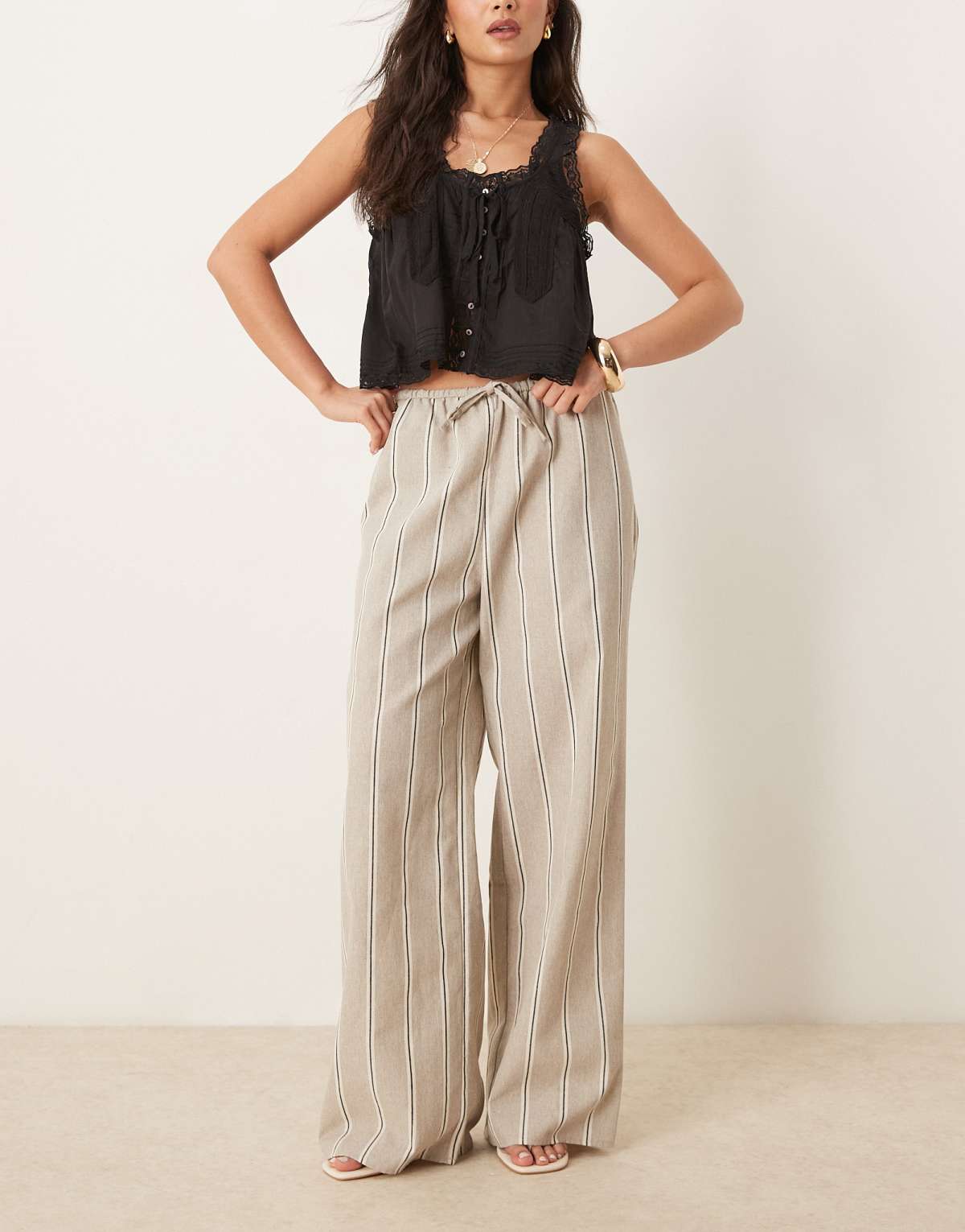 ASOS DESIGN linen look tailored tie waist pull on trouser in taupe stripe