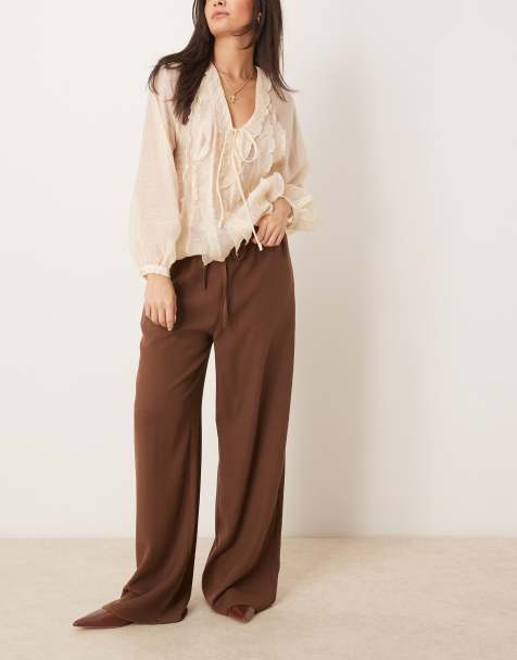 ASOS DESIGN linen look tailored tie waist pull on trousers co-ord in chocolate - view 1