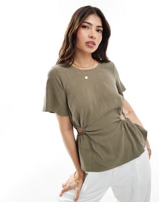 Asos Design Linen Look Tee With Cut-out In Khaki-green