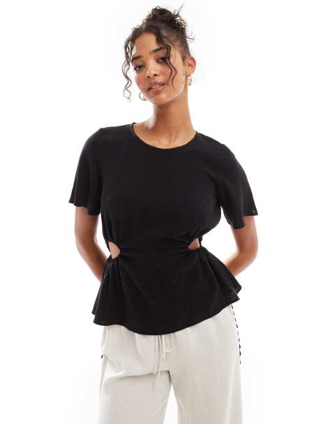 ASOS DESIGN linen look tee with cut out sides in black - view 1