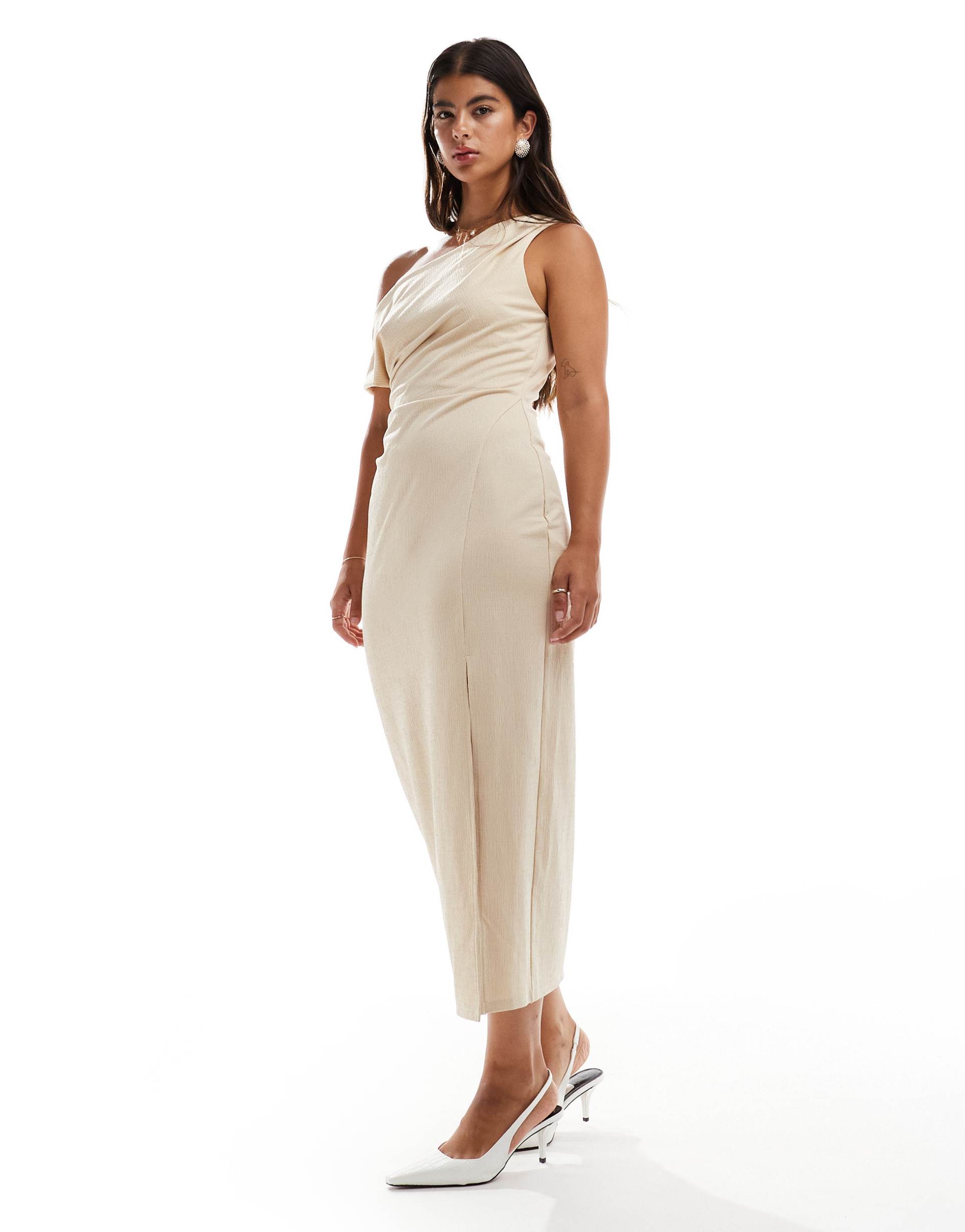 asos design linen look textured one shoulder dress in stone