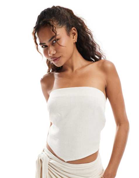 ASOS DESIGN linen look tie back bandeau top in cream - view 1