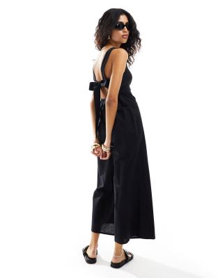 Asos Design Linen-look Tie Back Cropped Jumpsuit In Black