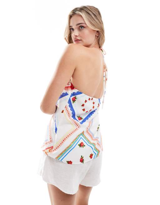 ASOS DESIGN linen look tie front halter top co ord in picnic print, 2 of 4