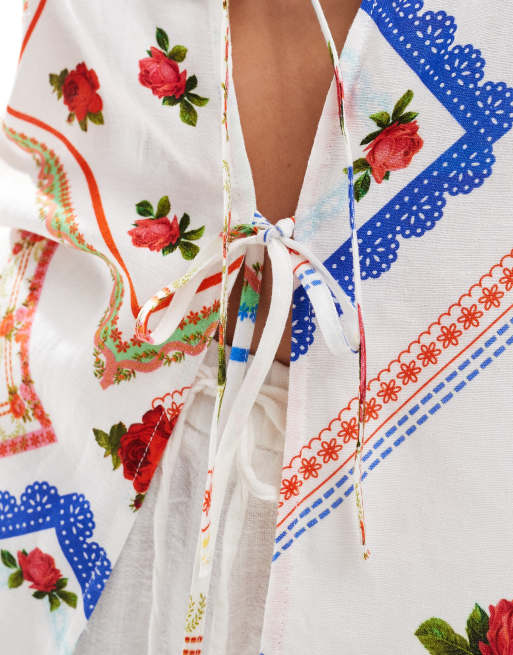 ASOS DESIGN linen look tie front halter top co ord in picnic print, 3 of 4