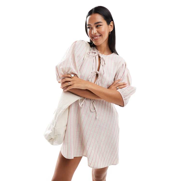 ASOS DESIGN linen look tie front peplum mini dress in natural stripe ASOS