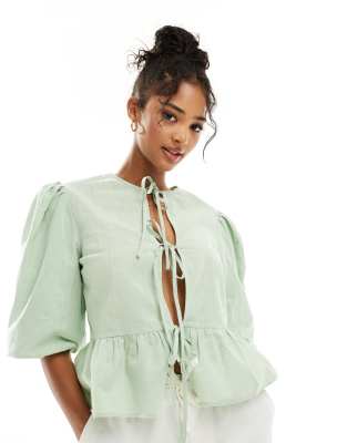 Asos Design Linen Look Tie Front Peplum Tie Front Blouse In Green