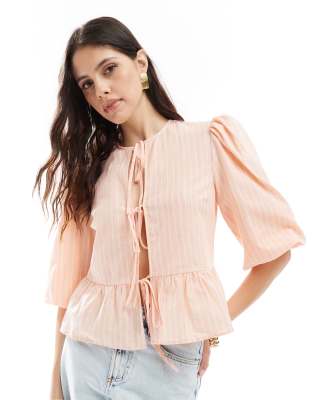 Asos Design Linen Look Tie Front Peplum Tie Front Blouse In Pink Stripe