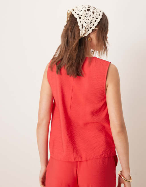 ASOS DESIGN linen look tie front top in red - part of a set, 4 of 4