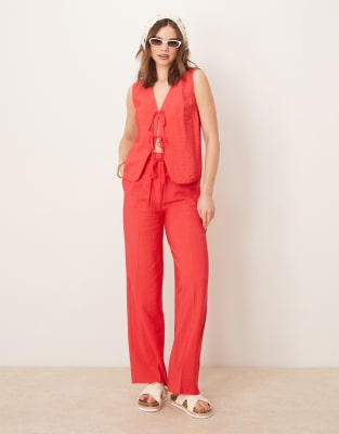 asos ASOS DESIGN linen look tie front top & trouser co-ord in red