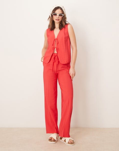 ASOS DESIGN linen look tie front top & trouser co-ord in red - view 1