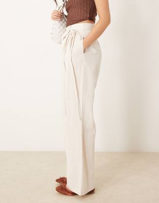 ASOS DESIGN linen look tie front wide leg pants in stone