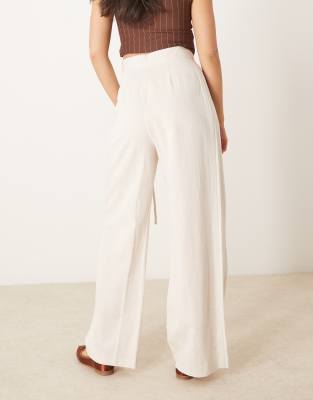 ASOS DESIGN linen look tie front wide leg pants in stone