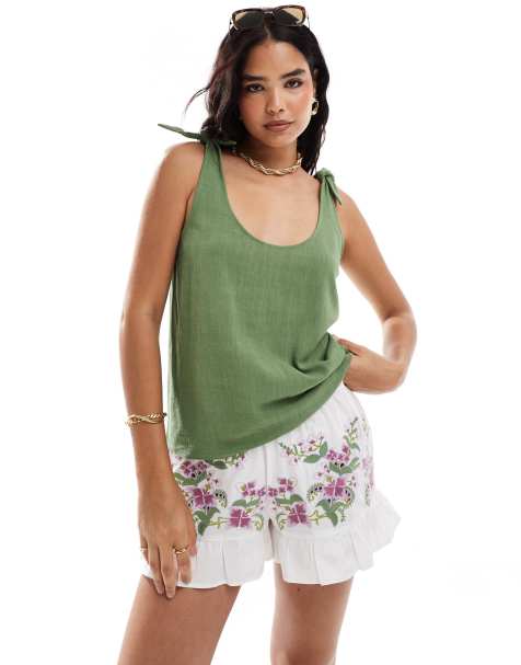 ASOS DESIGN linen look tie shoulder cami in khaki - view 1