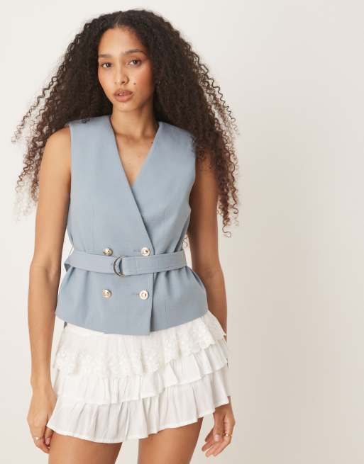 ASOS DESIGN linen look tie vest in blue