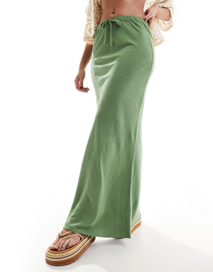 linen look tie waist bias cut maxi skirt in khaki-Green