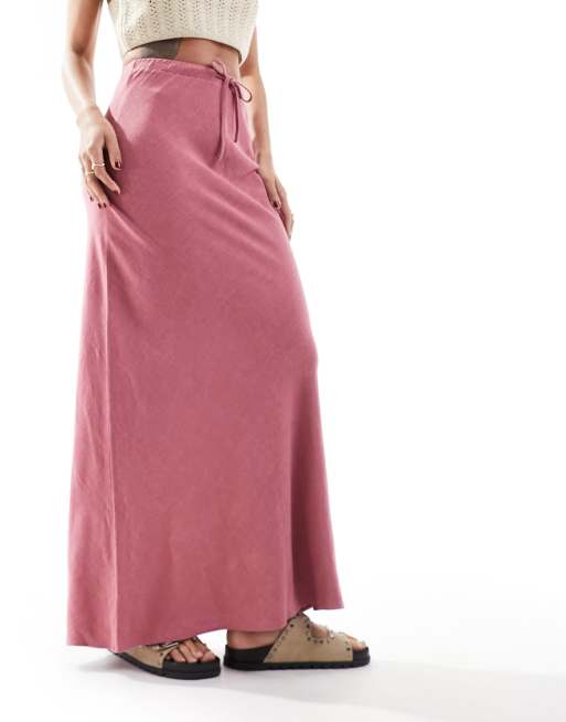 FhyzicsShops DESIGN linen look tie waist bias cut maxi skirt in rose