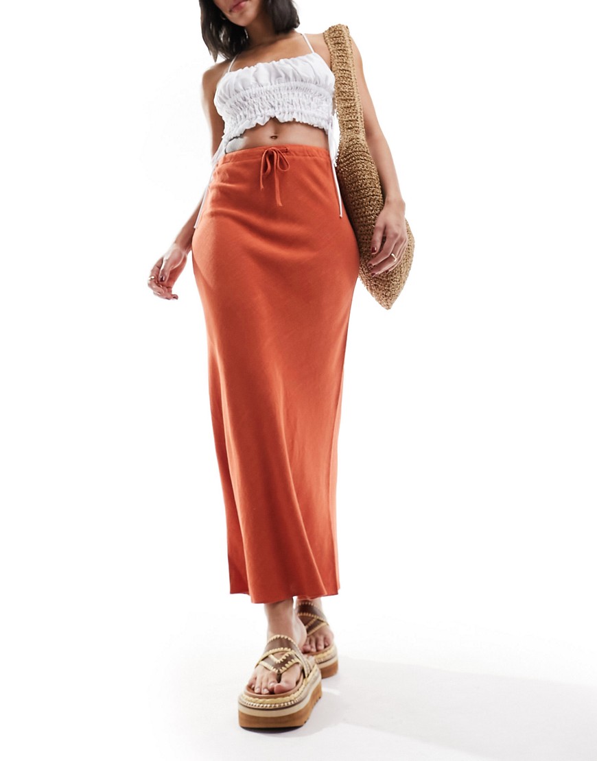 linen look tie waist bias cut midi skirt in terracotta-Orange