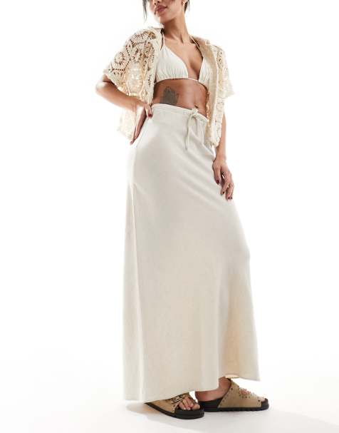 ASOS DESIGN linen look tie waist bias maxi skirt in natural - view 1