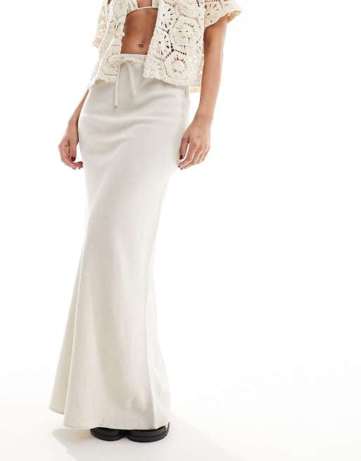 ASOS DESIGN linen look tie waist bias maxi skirt in natural, 3 of 5